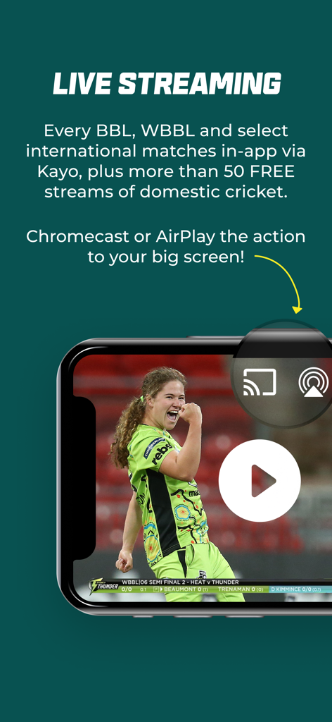 Cricket Australia Live - Cricket Australia Live app screen showing live cricket streaming with casting options