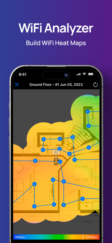 NetSpot WiFi Analyzer - Visualización de mapa de calor WiFi en el plano de una casa en la aplicación NetSpot
