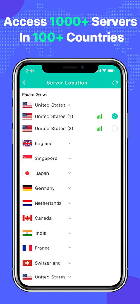 Storm Vpn-Best VPN proxy - Screenshot of Storm VPN app showing a list of global server locations including United States, England, and Singapore