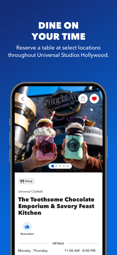 Universal Studios Hollywood app interface showing dining reservation options for The Toothsome Chocolate Emporium.