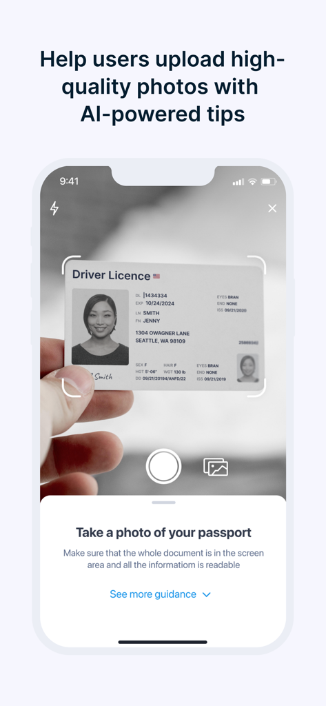 Sumsub for Business - Interface do aplicativo Sumsub mostrando a captura de foto de carteira de motorista com IA para verificação de identidade de negócios.