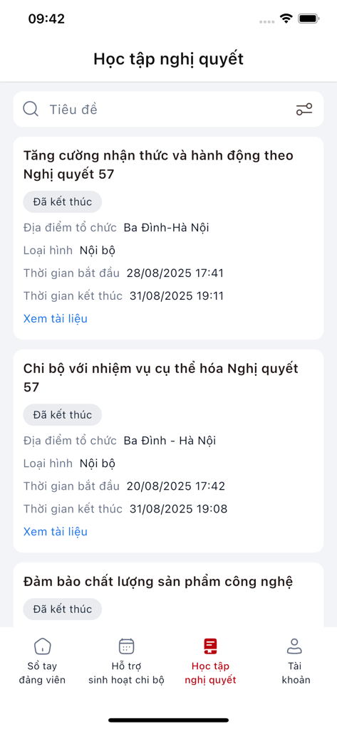 Auflösungsstudien-Bildschirm in der iCPV-Book-App, der eine Liste von Dokumenten und Details zu Parteiversammlungen anzeigt