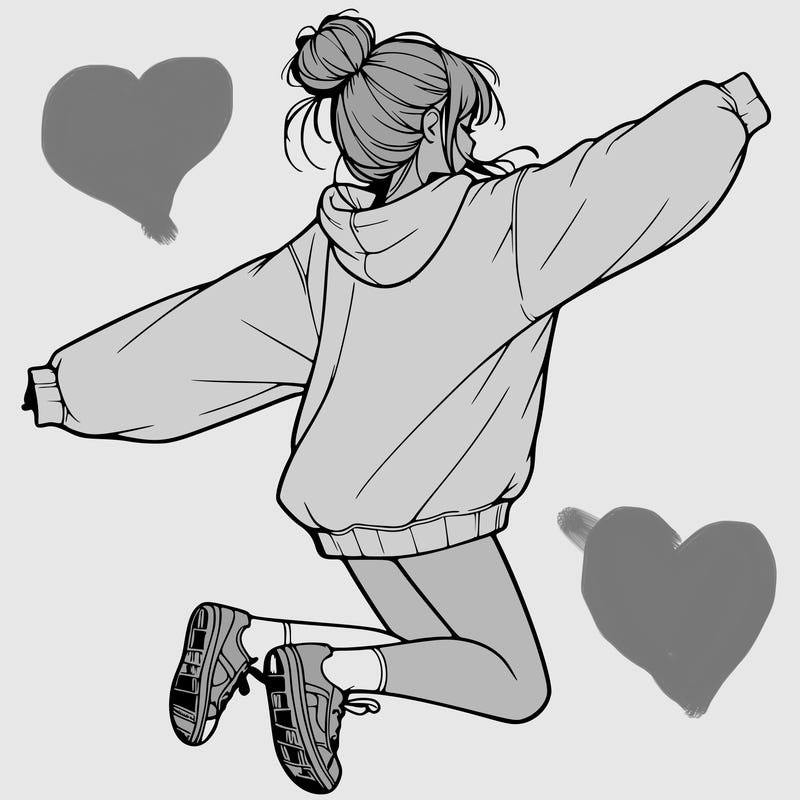 realistic girl jumping with a bun and oversized sweatshirt
