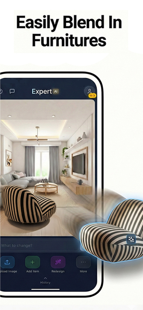 Expert AI: Interior Design - AI interior design app interface showing virtual furniture placement of a striped chair in a living room.