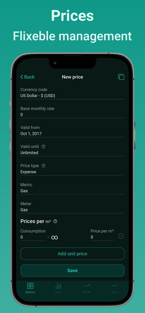 Energy Tracker Stromverbrauch - Meterable App-Bildschirm für flexible Energiepreisverwaltung und Gasverbrauchserfassung