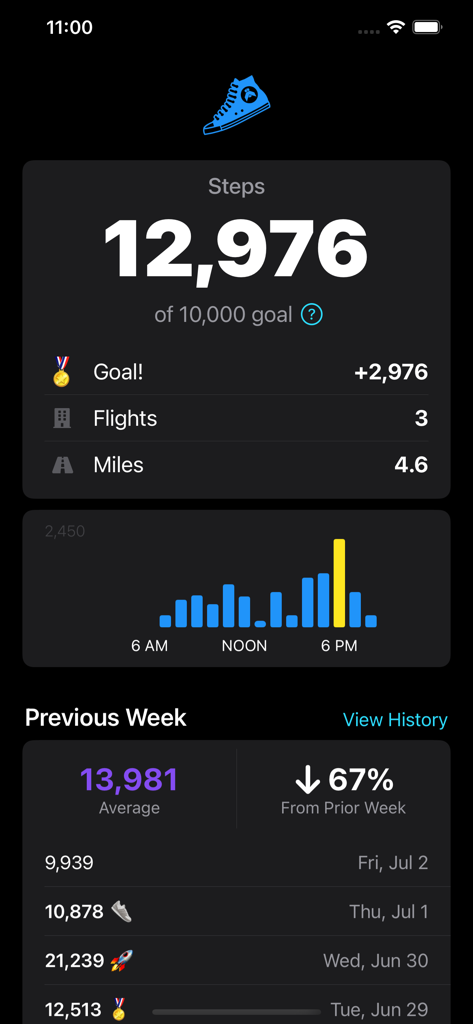 Duffy - Steps Complication - A dashboard view of the Duffy app showing daily step count, distance, and activity history