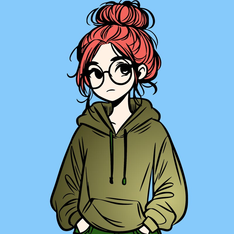 teen girl with a messy bun and glasses wearing a loose hoodie and jeans