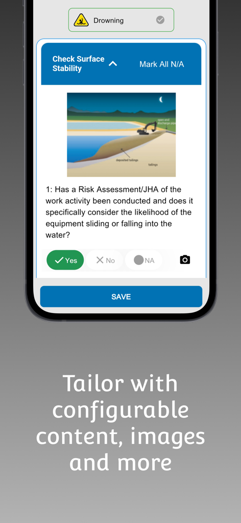 Forwood Safety+ - Mobile screen of Forwood Safety plus app showing a tailored drowning risk assessment checklist with illustrative graphics.