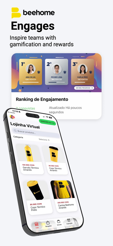 Oberfläche der Beehome-App mit einer Engagement-Rangliste und einem virtuellen Shop für Mitarbeiterbelohnungen.
