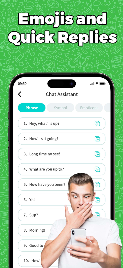 Dual Messenger & Duo Web Chat - A mobile interface displaying the Chat Assistant feature with a list of quick reply phrases and categories for emojis and symbols.