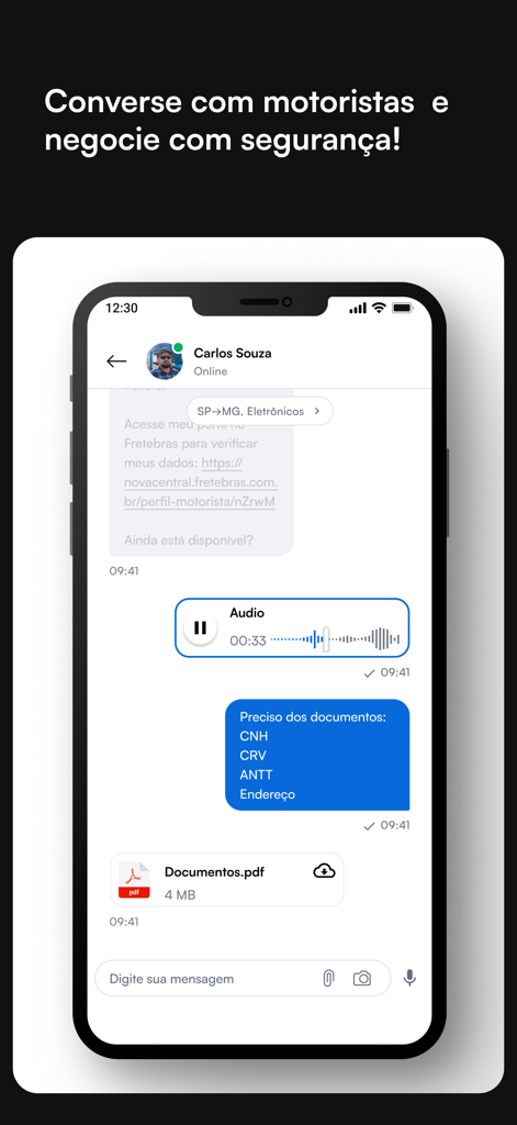 Schermata mobile che mostra l'interfaccia di Fretebras Chat Empresa con una conversazione di negoziazione di merci che include un messaggio audio e un documento PDF.