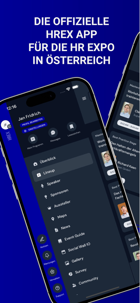 HREX - A smartphone displaying the HREX app with event navigation menu and user profile