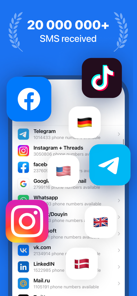 SMS Virtual app display showing 20 million SMS received and available phone numbers for social media verification across multiple countries