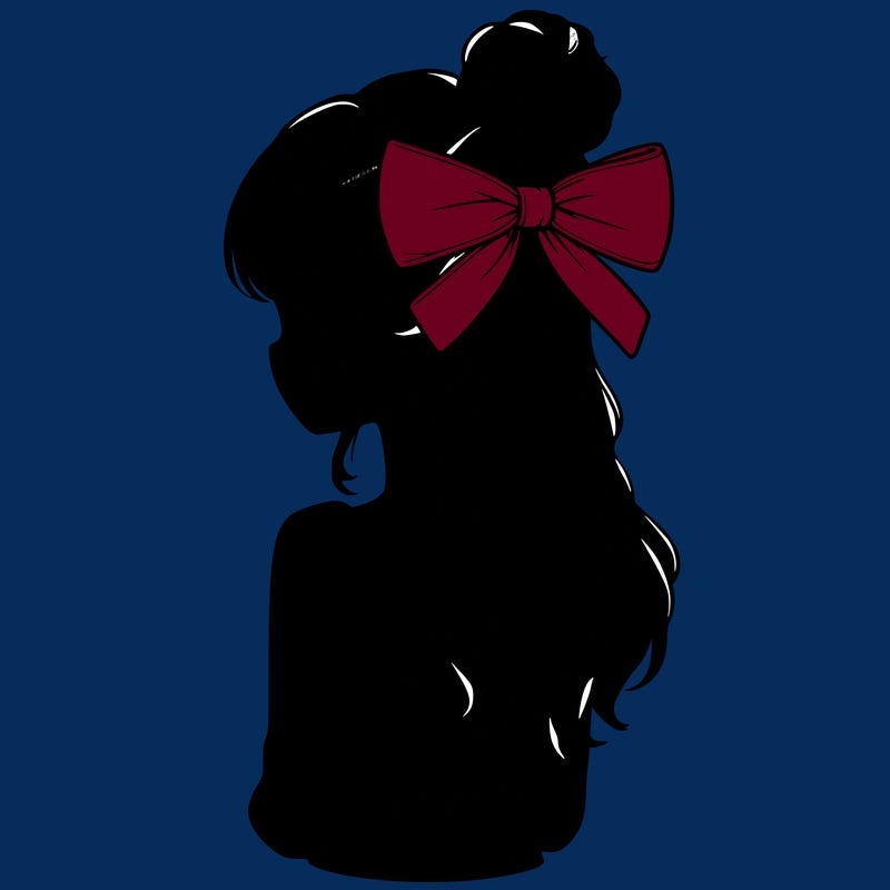 realistic girl  with hip length hair a bun and a big bow on the back of head