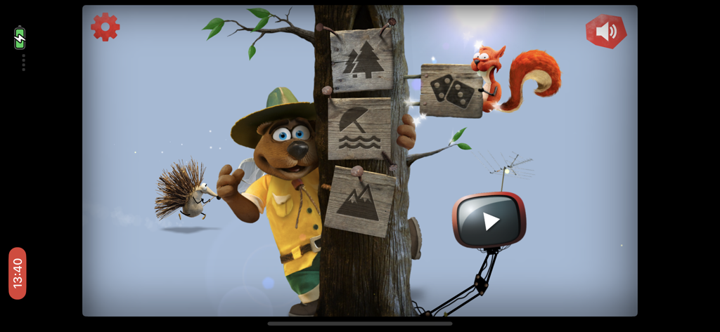 Main menu of the Bollo app featuring Bollo the bear and interactive forest animals