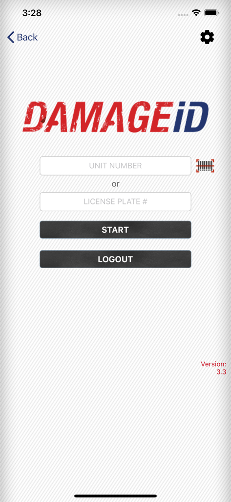 DAMAGE iD - The home screen of the DAMAGE iD app showing input fields for unit number and license plate to start a vehicle inspection.