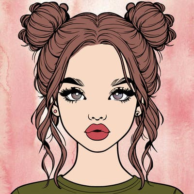 realistic girl with two buns in hair and lips