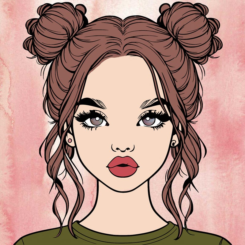 realistic girl with two buns in hair and lips