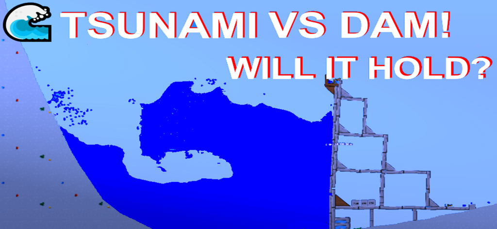 Water Physics Simulation - A 2D liquid simulation showing a large blue tsunami wave crashing against a tall stone dam structure