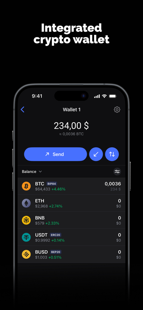 A smartphone displaying the integrated crypto wallet interface within the Chattti private messenger app showing digital asset balances.