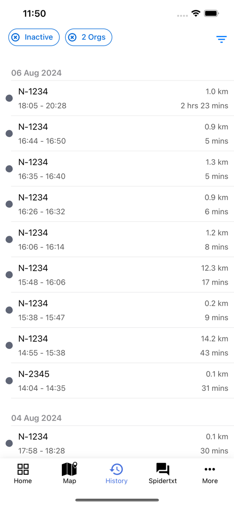 Spidertracks mobile app flight history screen showing a list of recent aircraft trips with duration and distance details.
