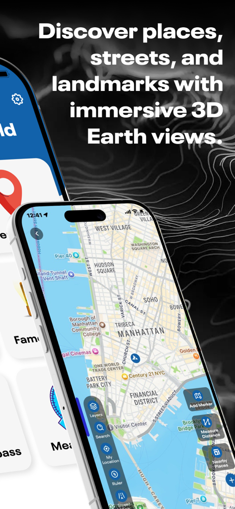 Instant Google Street View Map - マンハッタンの詳細な地図と、さまざまなナビゲーションおよび測定ツールを表示するモバイルアプリのインターフェース。