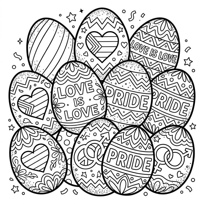 Dive into a vibrant celebration of love and diversity with this unique coloring page featuring Glitter Pride Easter Eggs. Each egg is adorned with meaningful symbols, making it perfect for celebrating Pride Month and Easter together.