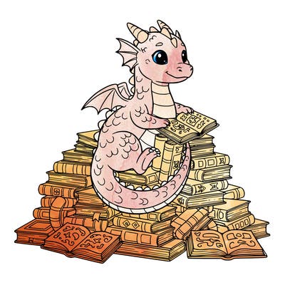 cute dragon with a hoard of books