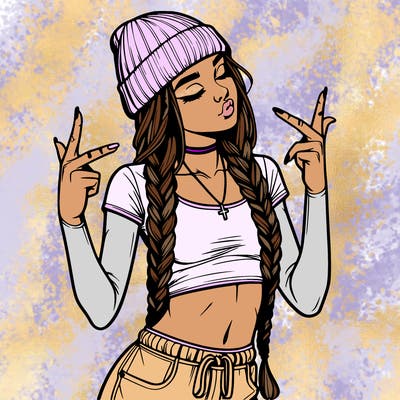 realistic teenage girl with braids and a beanie and crop top doing 🫶🏼