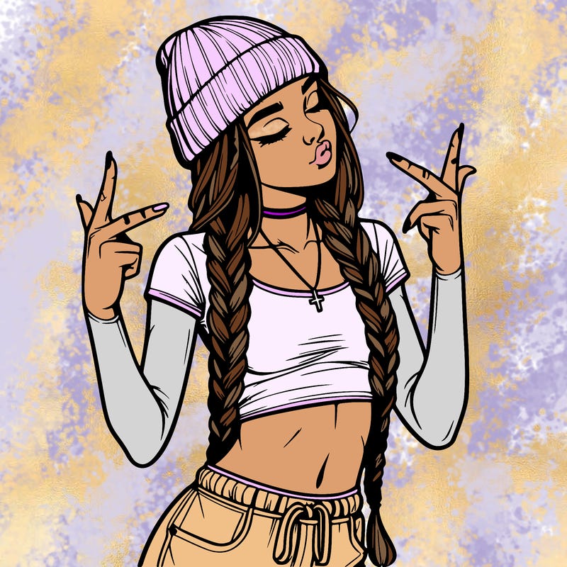 realistic teenage girl with braids and a beanie and crop top doing 🫶🏼