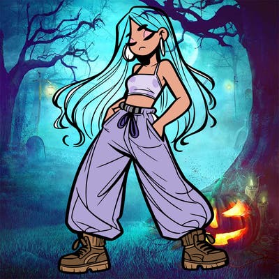 girl in baggy pants crop top and long hair