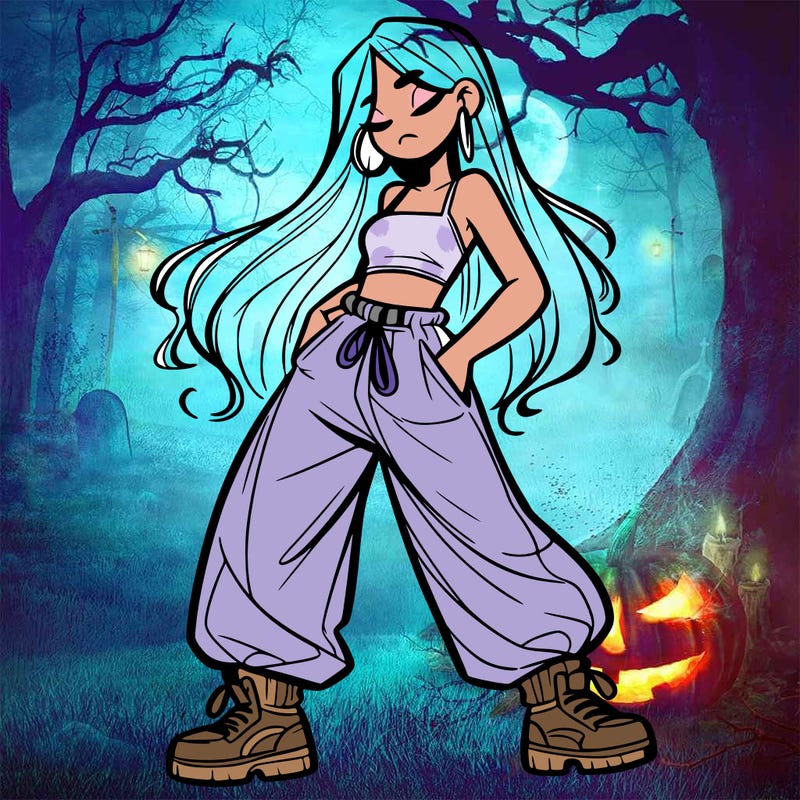 girl in baggy pants crop top and long hair