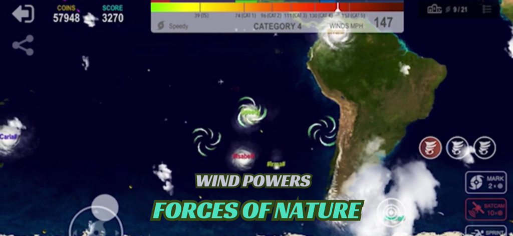A screenshot of Hurricane.io gameplay showing multiple hurricanes over South America and the text Wind Powers Forces of Nature