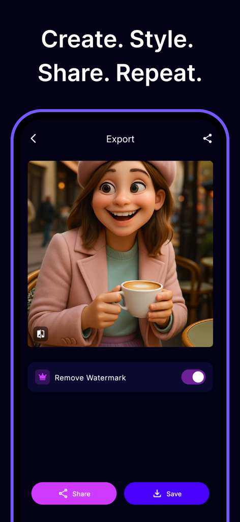 Cartoony: Cartoon Photo Editor - Pantalla de exportación de la aplicación Cartoony mostrando un personaje de dibujo animado de una mujer bebiendo café.