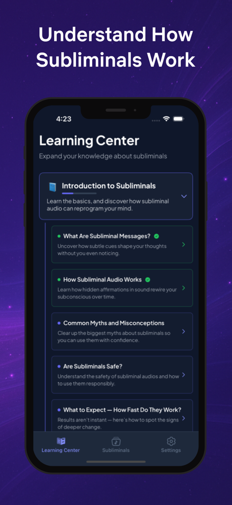 Sublimind: Custom Subliminals - Tela do Centro de Aprendizagem do aplicativo Sublimind mostrando guias educacionais sobre como o áudio subliminar funciona.