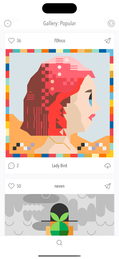 Popular pixel art gallery in the New Pixels app featuring creative portraits and abstract designs