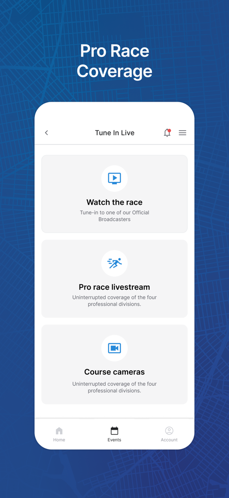 New York Road Runners - Interface of the NYRR app showing options for live race streaming and professional coverage.