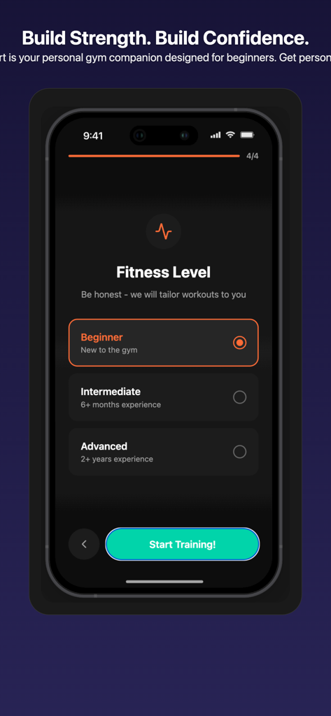 FitStart App - A mobile screen from the FitStart app showing fitness level options: Beginner, Intermediate, and Advanced, with Beginner selected.