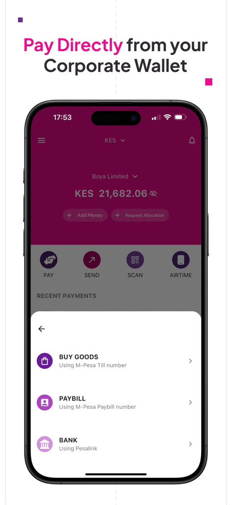 Boya - Pantalla de la aplicación móvil Boya que muestra el saldo de la cartera corporativa y las opciones de pago electrónico para gastos empresariales
