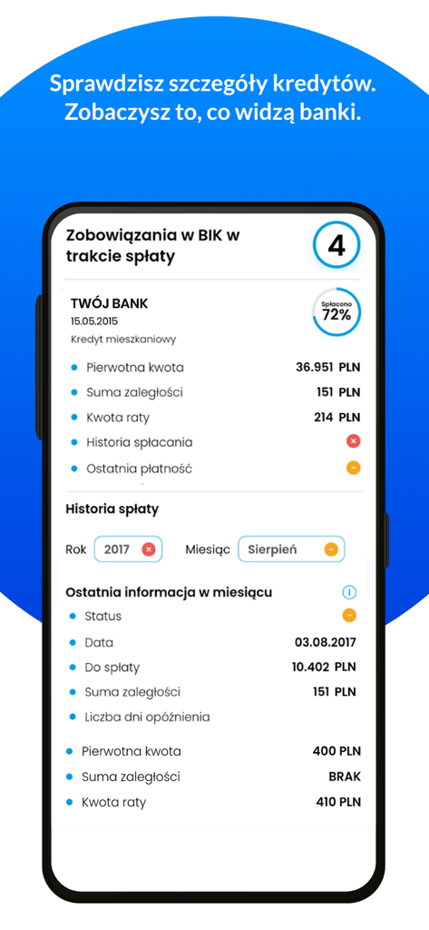 Mój BIK App-Oberfläche, die detaillierte Kreditverpflichtungen und Rückzahlungsverlauf zeigt