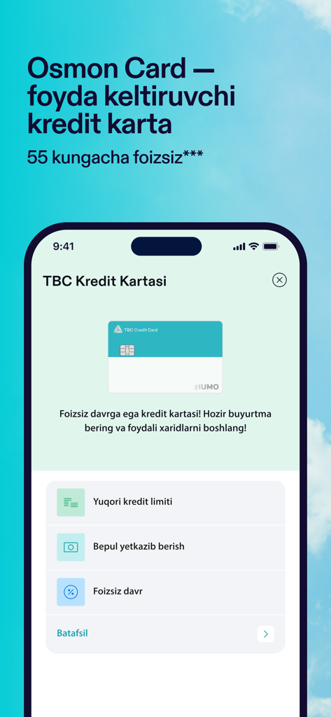 TBC UZ: Online Mobile Banking - Interfaz de la aplicación móvil TBC UZ mostrando las características de la Tarjeta de Crédito Osmon