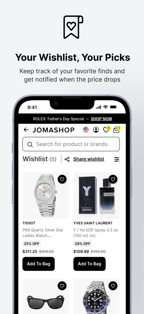 Tela da lista de desejos do aplicativo móvel Jomashop mostrando ofertas de relógios de luxo e fragrâncias com alertas de queda de preço.