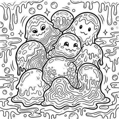 Unleash your creativity with this delightful coloring page featuring a group of playful slime monsters. Explore their unique textures and the oozing details that fill the frame, promising hours of coloring fun.