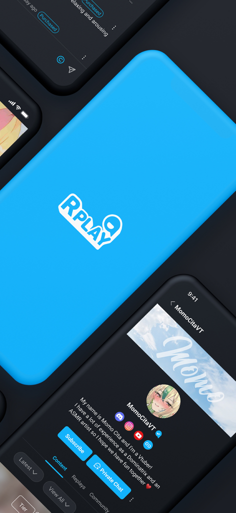 R-PLAY - R-PLAY app screens featuring logo and a Vtuber profile page
