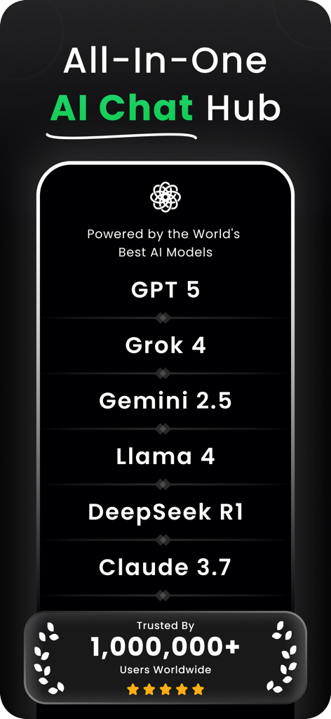 Gronk AI app screen showcasing multiple integrated AI models and 1 million user trust badge