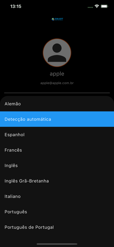 SmartPlay - SmartPlay app language selection screen with options in Portuguese