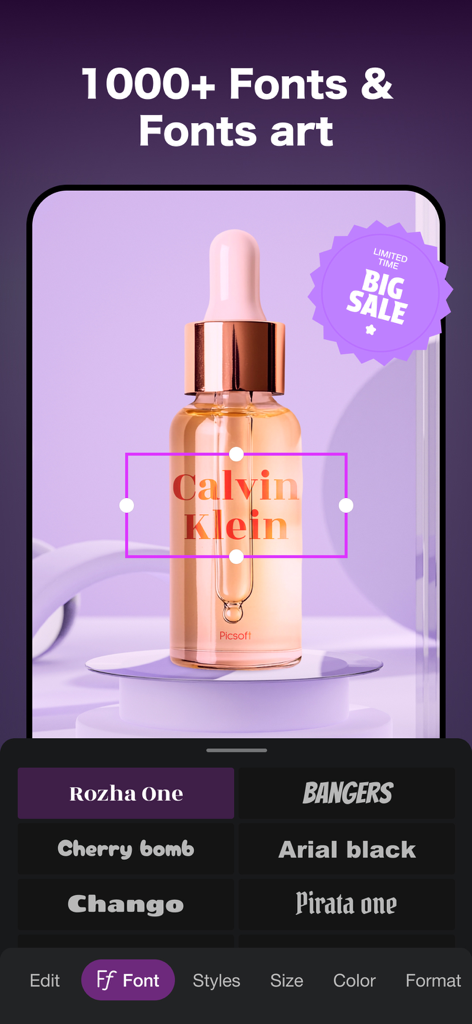 Picsoft AI Photo Editor - Picsoft KI-Fotobearbeitungs-Oberfläche, die Schriftauswahl und Textüberlagerung für ein E-Commerce-Produktfoto zeigt