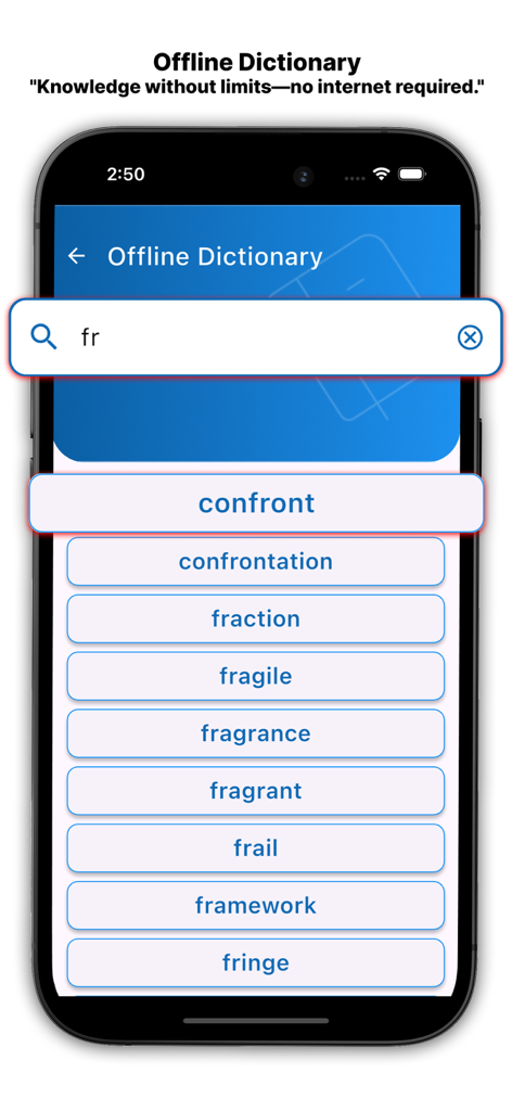 AI English Dictionary app offline search screen showing word suggestions for words beginning with fr