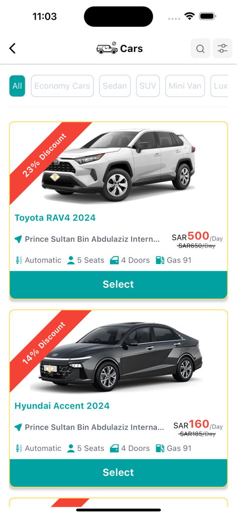 AlRehaili 렌터카 앱 인터페이스. 일일 렌털 가격 및 할인과 함께 사용 가능한 Toyota 및 Hyundai 차량 모델 표시.