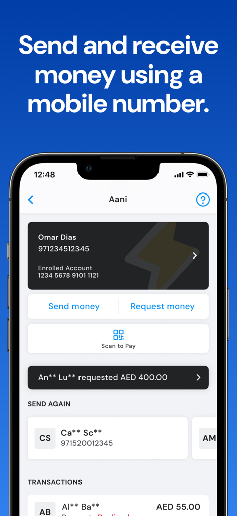 Schermata dell'app FAB Mobile Banking che mostra l'opzione per inviare e ricevere denaro utilizzando un numero di cellulare